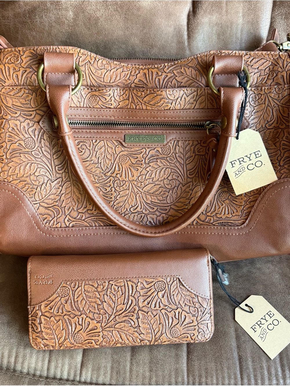 FRYE AND CO. Brown Faux Tooled Leather Tote with Matching Wallet